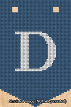 A simulated image of the stitched needlepoint design: Banner 13m Pointed D White on Blue. Not A.I. generated.