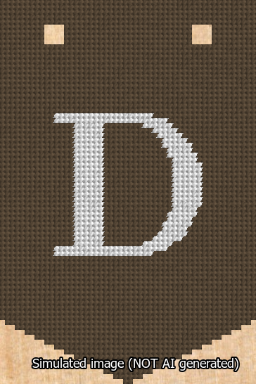 A simulated image of the stitched needlepoint design: Banner 13m Pointed D White on Brown. Not A.I. generated.