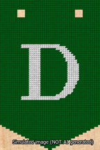 A simulated image of the stitched needlepoint design: Banner 13m Pointed D White on Green. Not A.I. generated.