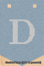 A simulated image of the stitched needlepoint design: Banner 13m Pointed D White on Light Blue. Not A.I. generated.