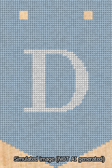 A simulated image of the stitched needlepoint design: Banner 13m Pointed D White on Light Blue. Not A.I. generated.