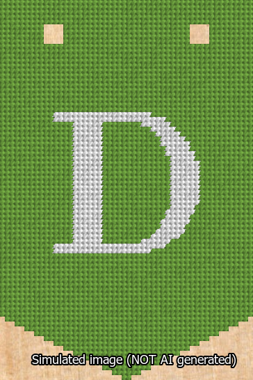 A simulated image of the stitched needlepoint design: Banner 13m Pointed D White on Light Green. Not A.I. generated.