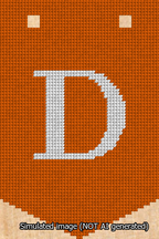 A simulated image of the stitched needlepoint design: Banner 13m Pointed D White on Orange. Not A.I. generated.