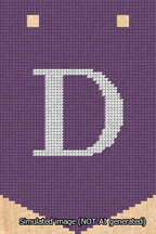 A simulated image of the stitched needlepoint design: Banner 13m Pointed D White on Purple. Not A.I. generated.