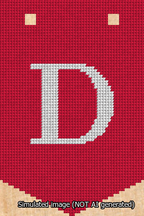 A simulated image of the stitched needlepoint design: Banner 13m Pointed D White on Red. Not A.I. generated.