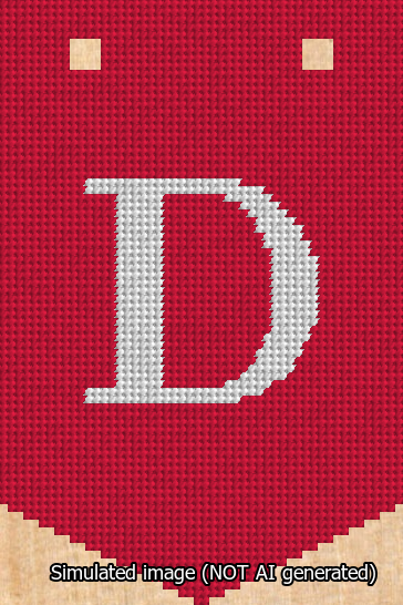 A simulated image of the stitched needlepoint design: Banner 13m Pointed D White on Red. Not A.I. generated.