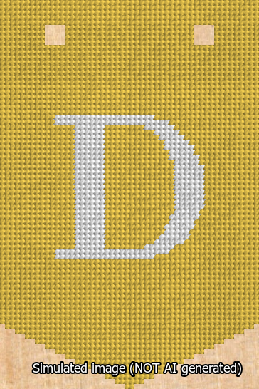 A simulated image of the stitched needlepoint design: Banner 13m Pointed D White on Yellow. Not A.I. generated.