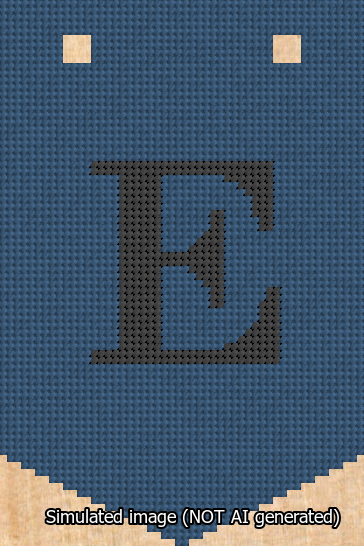 A simulated image of the stitched needlepoint design: Banner 13m Pointed E Black on Blue. Not A.I. generated.