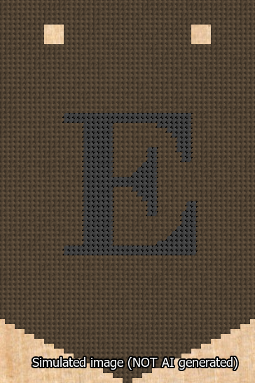 A simulated image of the stitched needlepoint design: Banner 13m Pointed E Black on Brown. Not A.I. generated.