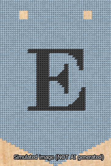 A simulated image of the stitched needlepoint design: Banner 13m Pointed E Black on Light Blue. Not A.I. generated.