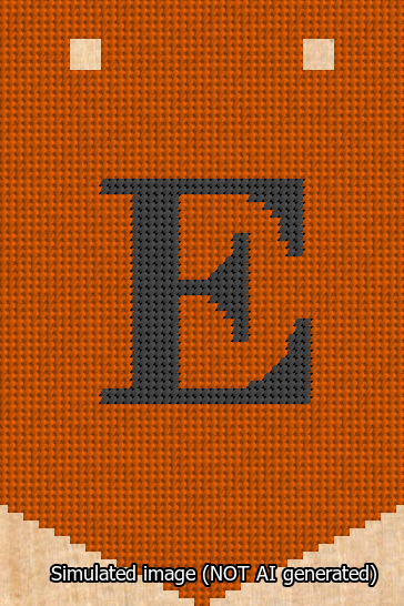 A simulated image of the stitched needlepoint design: Banner 13m Pointed E Black on Orange. Not A.I. generated.