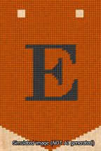 A simulated image of the stitched needlepoint design: Banner 13m Pointed E Black on Orange. Not A.I. generated.