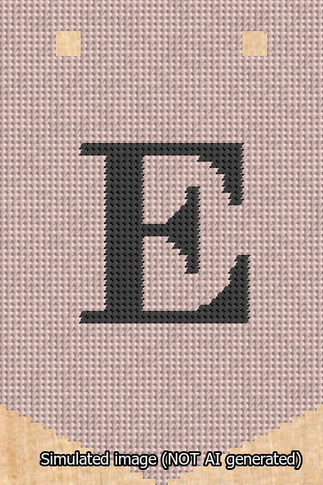 A simulated image of the stitched needlepoint design: Banner 13m Pointed E Black on Pink. Not A.I. generated.