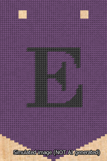 A simulated image of the stitched needlepoint design: Banner 13m Pointed E Black on Purple. Not A.I. generated.