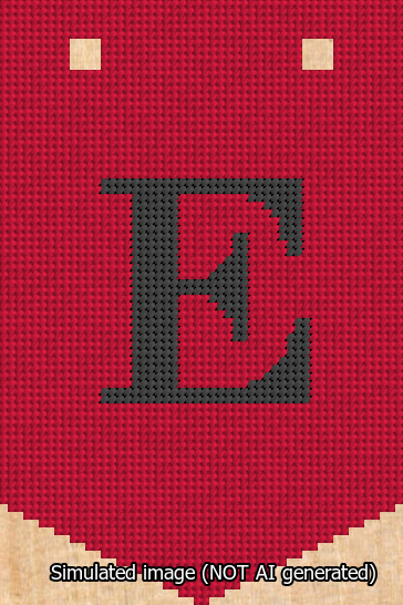 A simulated image of the stitched needlepoint design: Banner 13m Pointed E Black on Red. Not A.I. generated.