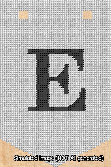 A simulated image of the stitched needlepoint design: Banner 13m Pointed E Black on White. Not A.I. generated.