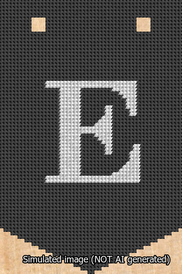 A simulated image of the stitched needlepoint design: Banner 13m Pointed E White on Black. Not A.I. generated.