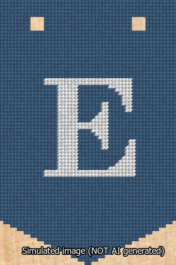A simulated image of the stitched needlepoint design: Banner 13m Pointed E White on Blue. Not A.I. generated.