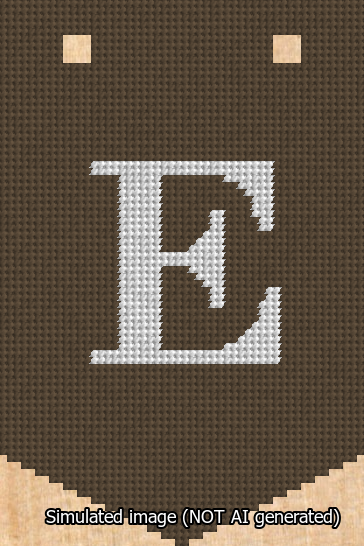 A simulated image of the stitched needlepoint design: Banner 13m Pointed E White on Brown. Not A.I. generated.
