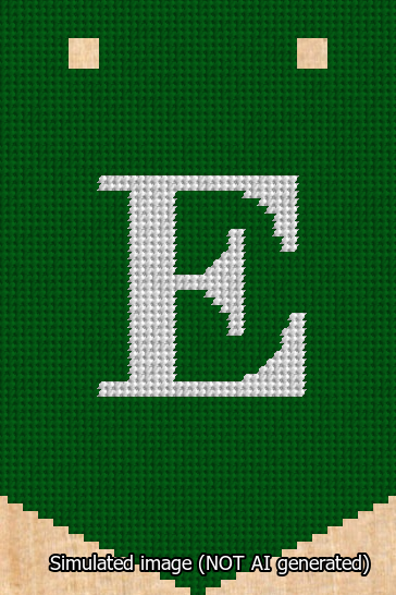 A simulated image of the stitched needlepoint design: Banner 13m Pointed E White on Green. Not A.I. generated.