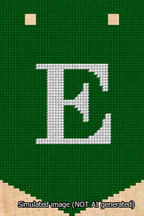A simulated image of the stitched needlepoint design: Banner 13m Pointed E White on Green. Not A.I. generated.
