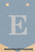 A simulated image of the stitched needlepoint design: Banner 13m Pointed E White on Light Blue. Not A.I. generated.