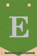 A simulated image of the stitched needlepoint design: Banner 13m Pointed E White on Light Green. Not A.I. generated.