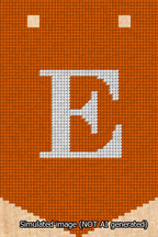A simulated image of the stitched needlepoint design: Banner 13m Pointed E White on Orange. Not A.I. generated.