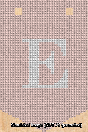 A simulated image of the stitched needlepoint design: Banner 13m Pointed E White on Pink. Not A.I. generated.