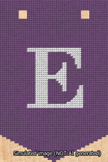 A simulated image of the stitched needlepoint design: Banner 13m Pointed E White on Purple. Not A.I. generated.