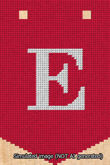 A simulated image of the stitched needlepoint design: Banner 13m Pointed E White on Red. Not A.I. generated.