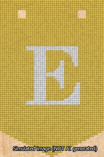 A simulated image of the stitched needlepoint design: Banner 13m Pointed E White on Yellow. Not A.I. generated.