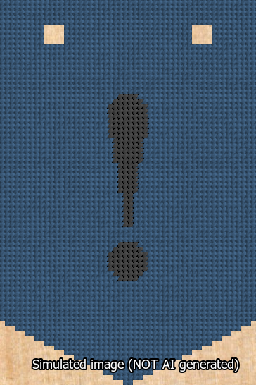 A simulated image of the stitched needlepoint design: Banner 13m Pointed Exclamation Black on Blue. Not A.I. generated.