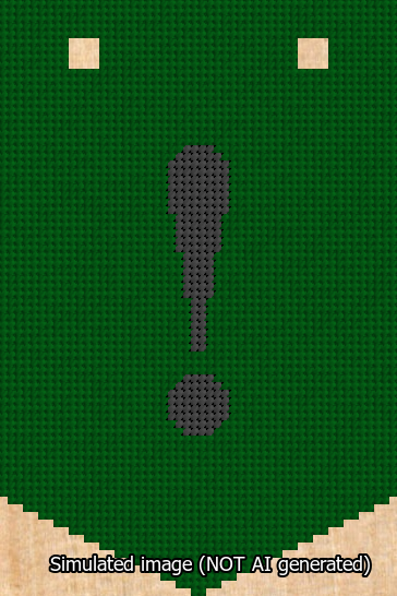 A simulated image of the stitched needlepoint design: Banner 13m Pointed Exclamation Black on Green. Not A.I. generated.