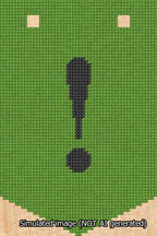 A simulated image of the stitched needlepoint design: Banner 13m Pointed Exclamation Black on Light Green. Not A.I. generated.