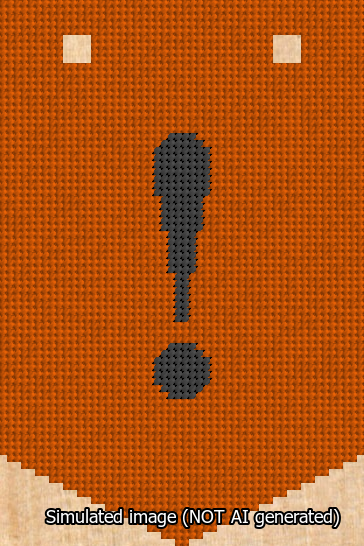 A simulated image of the stitched needlepoint design: Banner 13m Pointed Exclamation Black on Orange. Not A.I. generated.