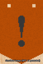 A simulated image of the stitched needlepoint design: Banner 13m Pointed Exclamation Black on Orange. Not A.I. generated.