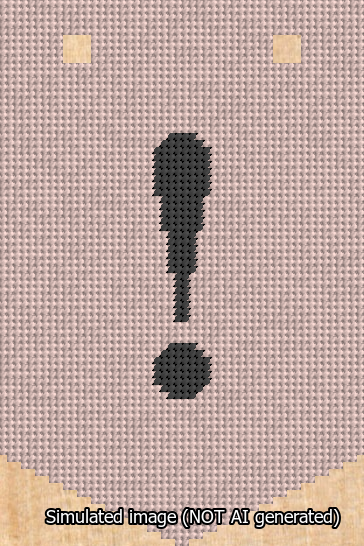A simulated image of the stitched needlepoint design: Banner 13m Pointed Exclamation Black on Pink. Not A.I. generated.