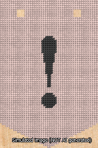 A simulated image of the stitched needlepoint design: Banner 13m Pointed Exclamation Black on Pink. Not A.I. generated.