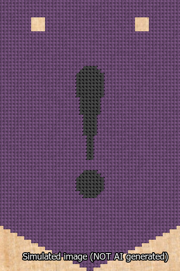 A simulated image of the stitched needlepoint design: Banner 13m Pointed Exclamation Black on Purple. Not A.I. generated.