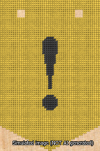 A simulated image of the stitched needlepoint design: Banner 13m Pointed Exclamation Black on Yellow. Not A.I. generated.