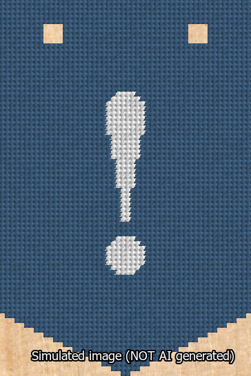 A simulated image of the stitched needlepoint design: Banner 13m Pointed Exclamation White on Blue. Not A.I. generated.