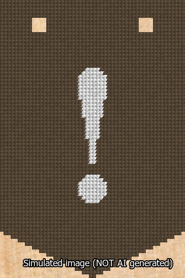 A simulated image of the stitched needlepoint design: Banner 13m Pointed Exclamation White on Brown. Not A.I. generated.