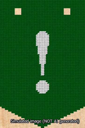 A simulated image of the stitched needlepoint design: Banner 13m Pointed Exclamation White on Green. Not A.I. generated.