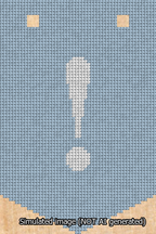 A simulated image of the stitched needlepoint design: Banner 13m Pointed Exclamation White on Light Blue. Not A.I. generated.