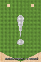 A simulated image of the stitched needlepoint design: Banner 13m Pointed Exclamation White on Light Green. Not A.I. generated.