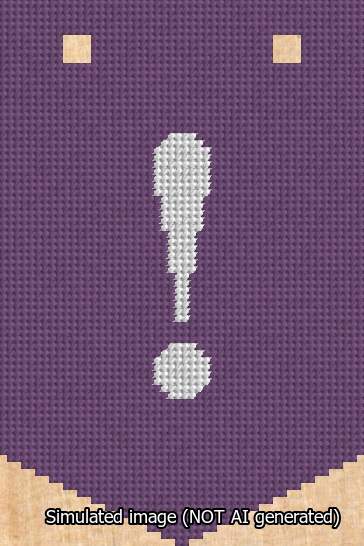 A simulated image of the stitched needlepoint design: Banner 13m Pointed Exclamation White on Purple. Not A.I. generated.