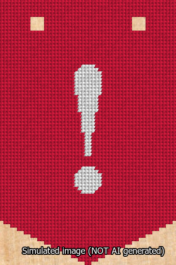 A simulated image of the stitched needlepoint design: Banner 13m Pointed Exclamation White on Red. Not A.I. generated.