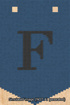 A simulated image of the stitched needlepoint design: Banner 13m Pointed F Black on Blue. Not A.I. generated.