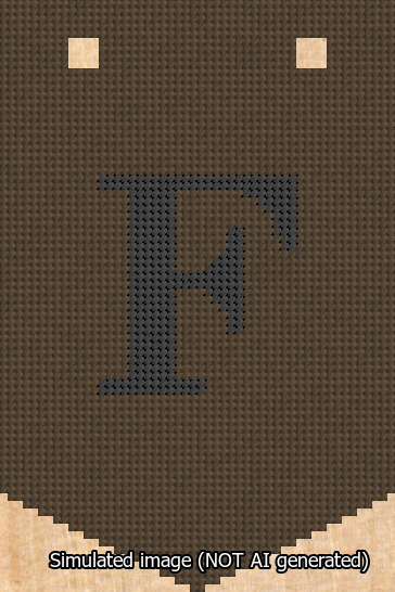 A simulated image of the stitched needlepoint design: Banner 13m Pointed F Black on Brown. Not A.I. generated.